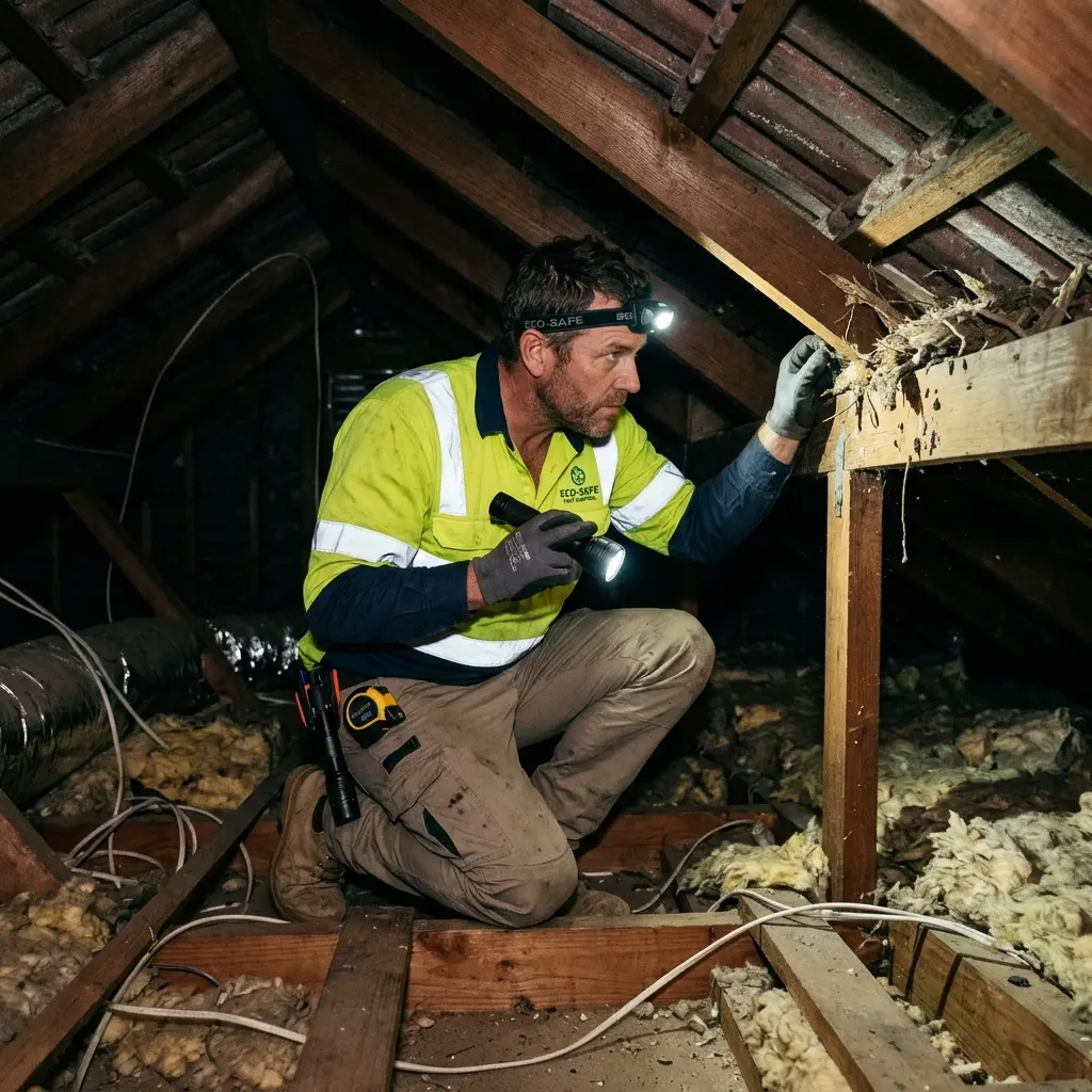 Technician inspecting a roof cavity for a dead animal in Invermay