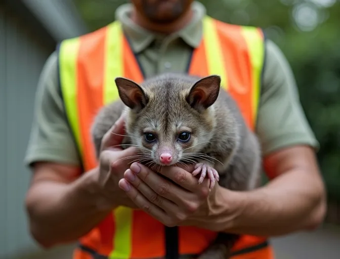 Animal handler safely recovering a deceased possum in Invermay